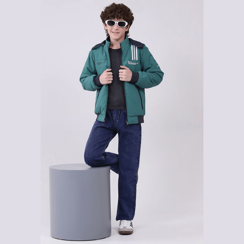 Green Printed Full Sleeves Hood Boys Regular Fit Jacket